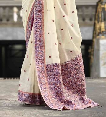 Cream linen cotton saree with unstitched linen cotton blouse piece 3