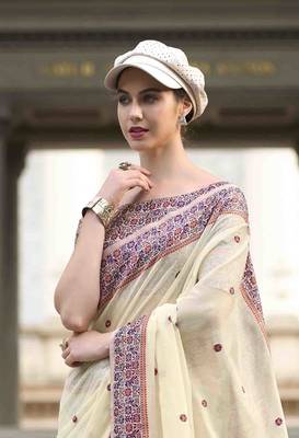 Cream linen cotton saree with unstitched linen cotton blouse piece 4