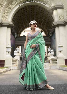 Mint linen cotton saree with unstitched linen cotton blouse piece 1