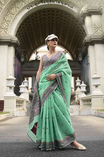Mint linen cotton saree with unstitched linen cotton blouse piece