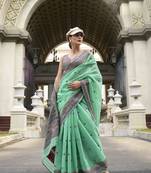 Mint linen cotton saree with unstitched linen cotton blouse piece