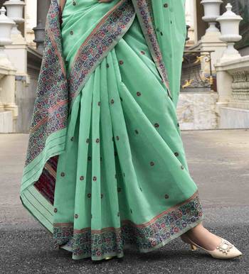Mint linen cotton saree with unstitched linen cotton blouse piece 3