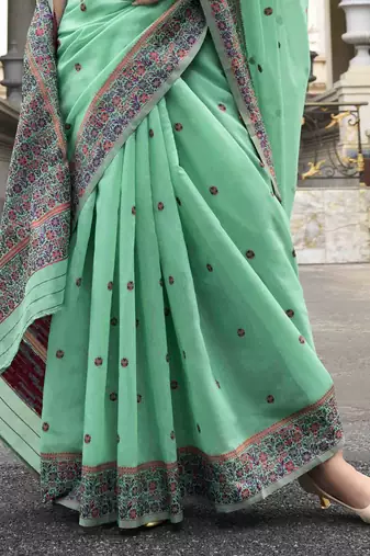 Mint linen cotton saree with unstitched linen cotton blouse piece