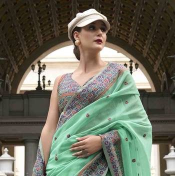 Mint linen cotton saree with unstitched linen cotton blouse piece 4