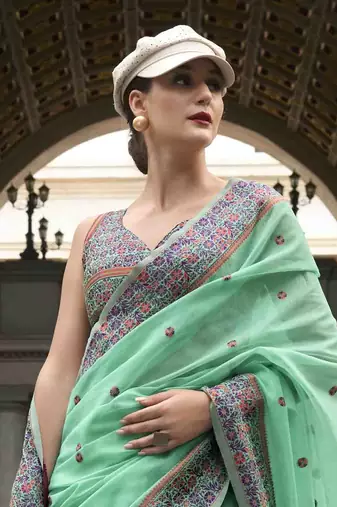 Mint linen cotton saree with unstitched linen cotton blouse piece