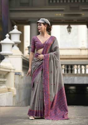 Grey linen cotton saree with unstitched linen cotton blouse piece 1