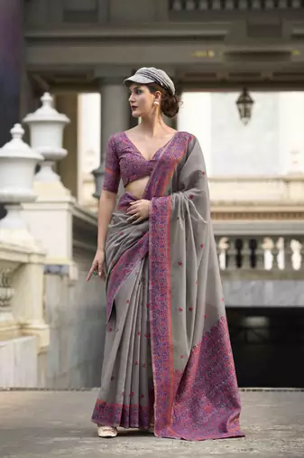 Grey linen cotton saree with unstitched linen cotton blouse piece