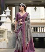 Grey linen cotton saree with unstitched linen cotton blouse piece