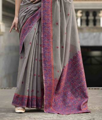 Grey linen cotton saree with unstitched linen cotton blouse piece 3