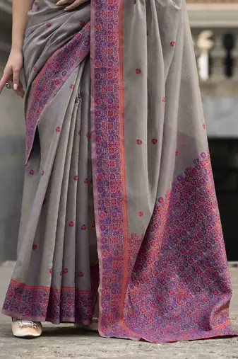 Grey linen cotton saree with unstitched linen cotton blouse piece