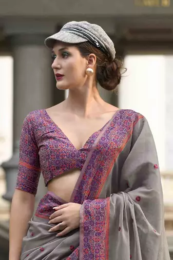 Grey linen cotton saree with unstitched linen cotton blouse piece