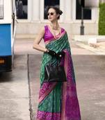 Dark green silk blend saree with unstitched blouse piece