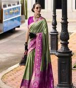 Mehndi silk blend saree with unstitched blouse piece
