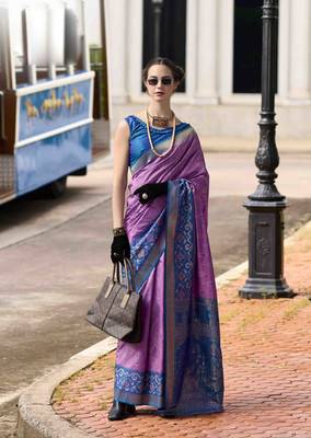 Lavender silk blend saree with unstitched blouse piece 1