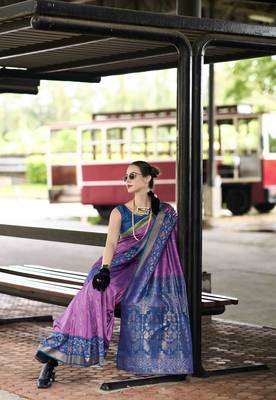 Lavender silk blend saree with unstitched blouse piece 2