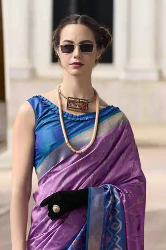 Lavender silk blend saree with unstitched blouse piece