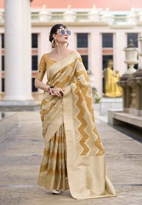 Mustard cotton linen silk blend saree with unstitched cotton linen blouse piece 1