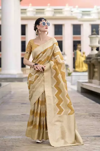 Mustard cotton linen silk blend saree with unstitched cotton linen blouse piece