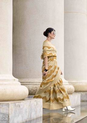 Mustard cotton linen silk blend saree with unstitched cotton linen blouse piece 2