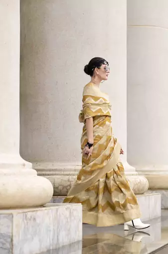 Mustard cotton linen silk blend saree with unstitched cotton linen blouse piece