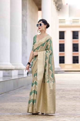 Mint cotton linen silk blend saree with unstitched cotton linen blouse piece