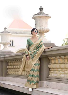 Mint cotton linen silk blend saree with unstitched cotton linen blouse piece 2