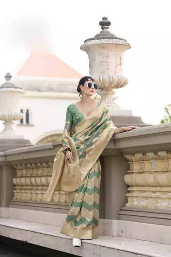Mint cotton linen silk blend saree with unstitched cotton linen blouse piece