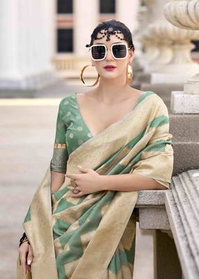 Mint cotton linen silk blend saree with unstitched cotton linen blouse piece 4