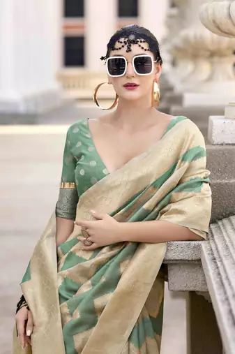 Mint cotton linen silk blend saree with unstitched cotton linen blouse piece