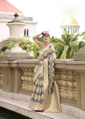 Grey cotton linen silk blend saree with unstitched cotton linen blouse piece 1