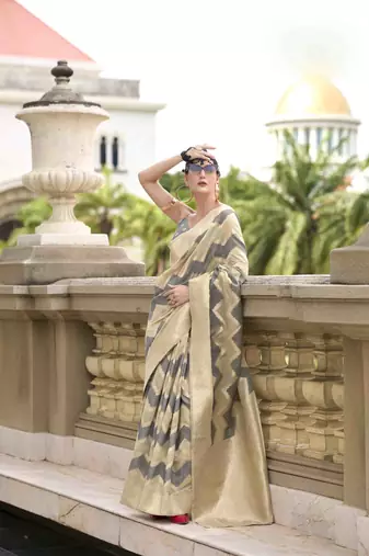 Grey cotton linen silk blend saree with unstitched cotton linen blouse piece