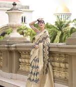 Grey cotton linen silk blend saree with unstitched cotton linen blouse piece