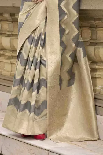 Grey cotton linen silk blend saree with unstitched cotton linen blouse piece