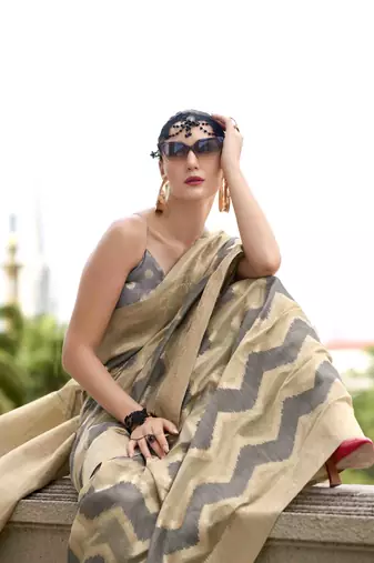 Grey cotton linen silk blend saree with unstitched cotton linen blouse piece