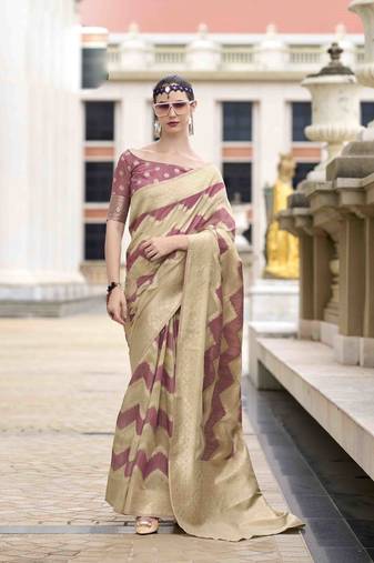 Mauve cotton linen silk blend saree with unstitched cotton linen blouse piece