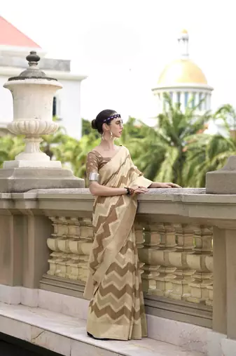 Coffee cotton linen silk blend saree with unstitched cotton linen blouse piece