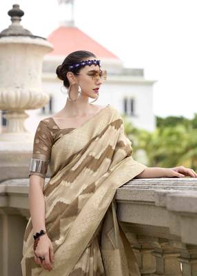 Coffee cotton linen silk blend saree with unstitched cotton linen blouse piece 4