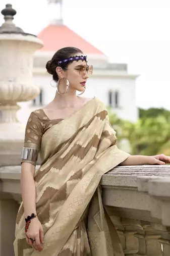 Coffee cotton linen silk blend saree with unstitched cotton linen blouse piece