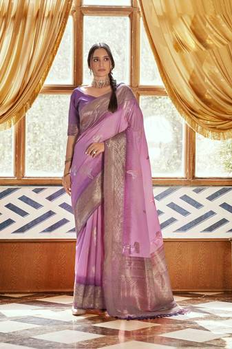 Pink silk blend saree with unstitched blouse piece