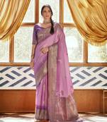 Pink silk blend saree with unstitched blouse piece