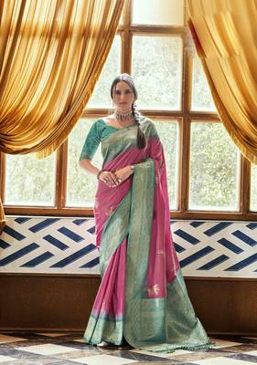 Pink silk blend saree with unstitched blouse piece 1