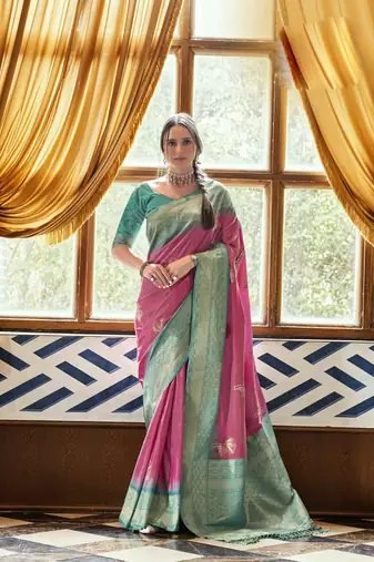 Pink silk blend saree with unstitched blouse piece