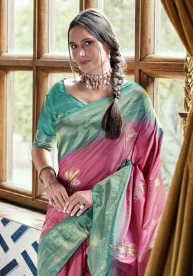 Pink silk blend saree with unstitched blouse piece 2