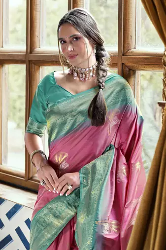 Pink silk blend saree with unstitched blouse piece