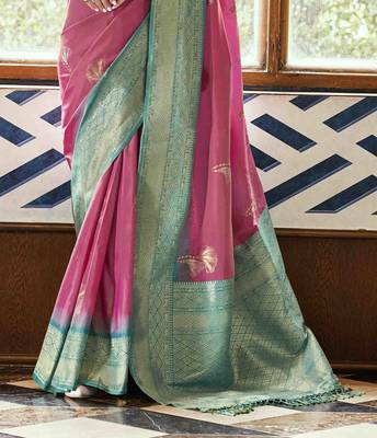 Pink silk blend saree with unstitched blouse piece 3