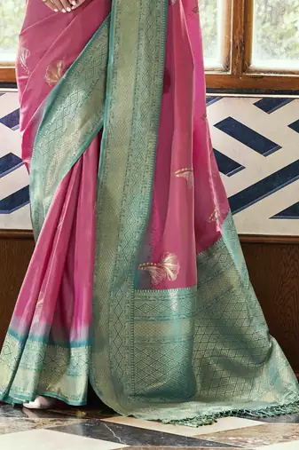 Pink silk blend saree with unstitched blouse piece