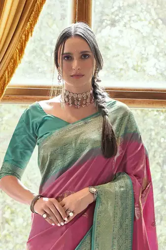 Pink silk blend saree with unstitched blouse piece