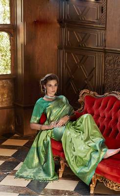 Parrot green silk blend saree with unstitched blouse piece 1