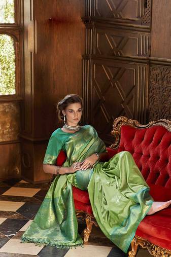 Parrot green silk blend saree with unstitched blouse piece