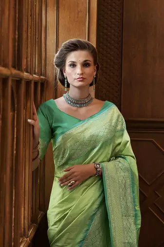 Parrot green silk blend saree with unstitched blouse piece